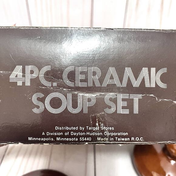 Vintage Set of 4 Pc Onion Soup Bowls with Handle & Lids Brown Glazed Ceramic NIB - Picture 2 of 6